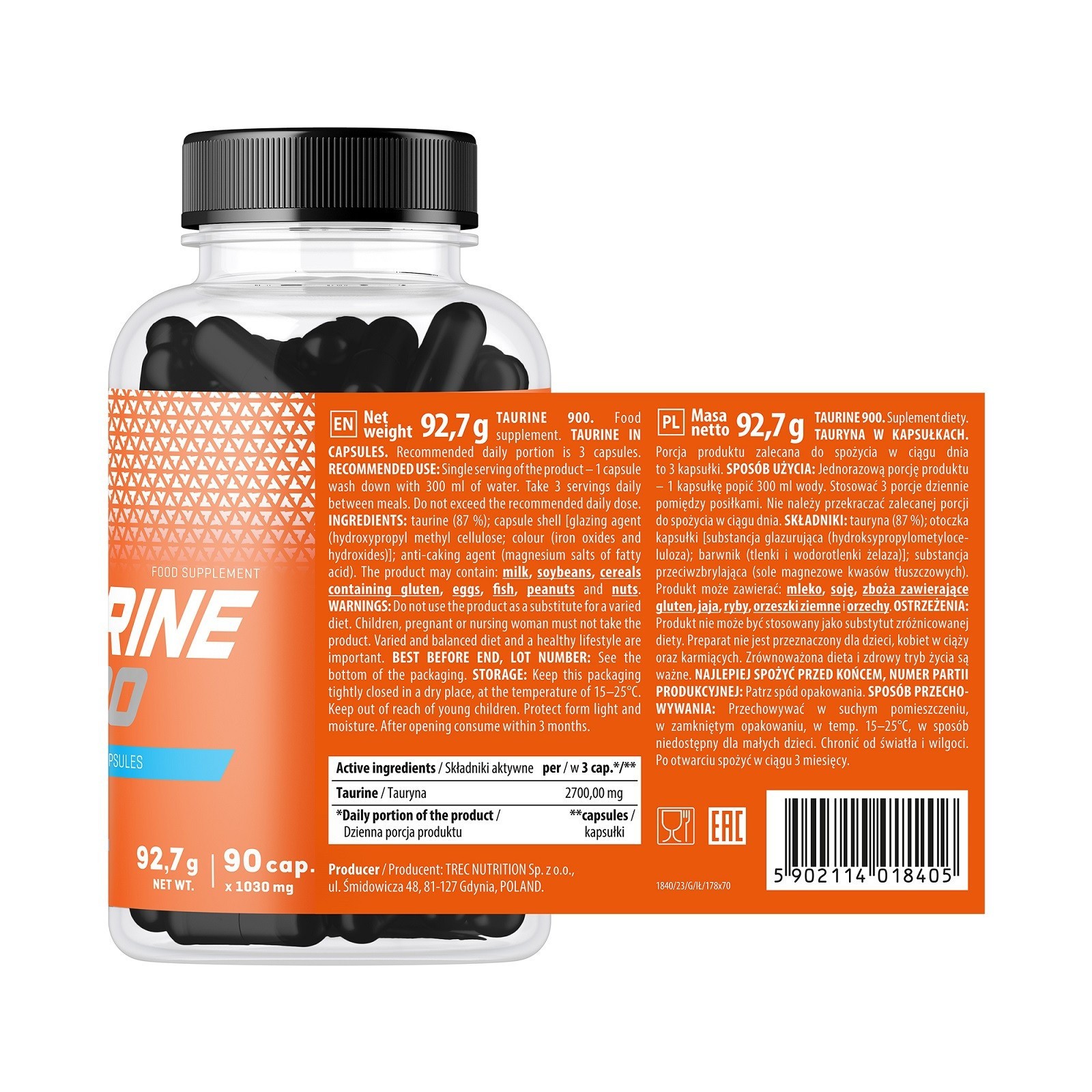 TAURINE 900 – 90-180 Capsules – Supports mental performance, focus, regeneration