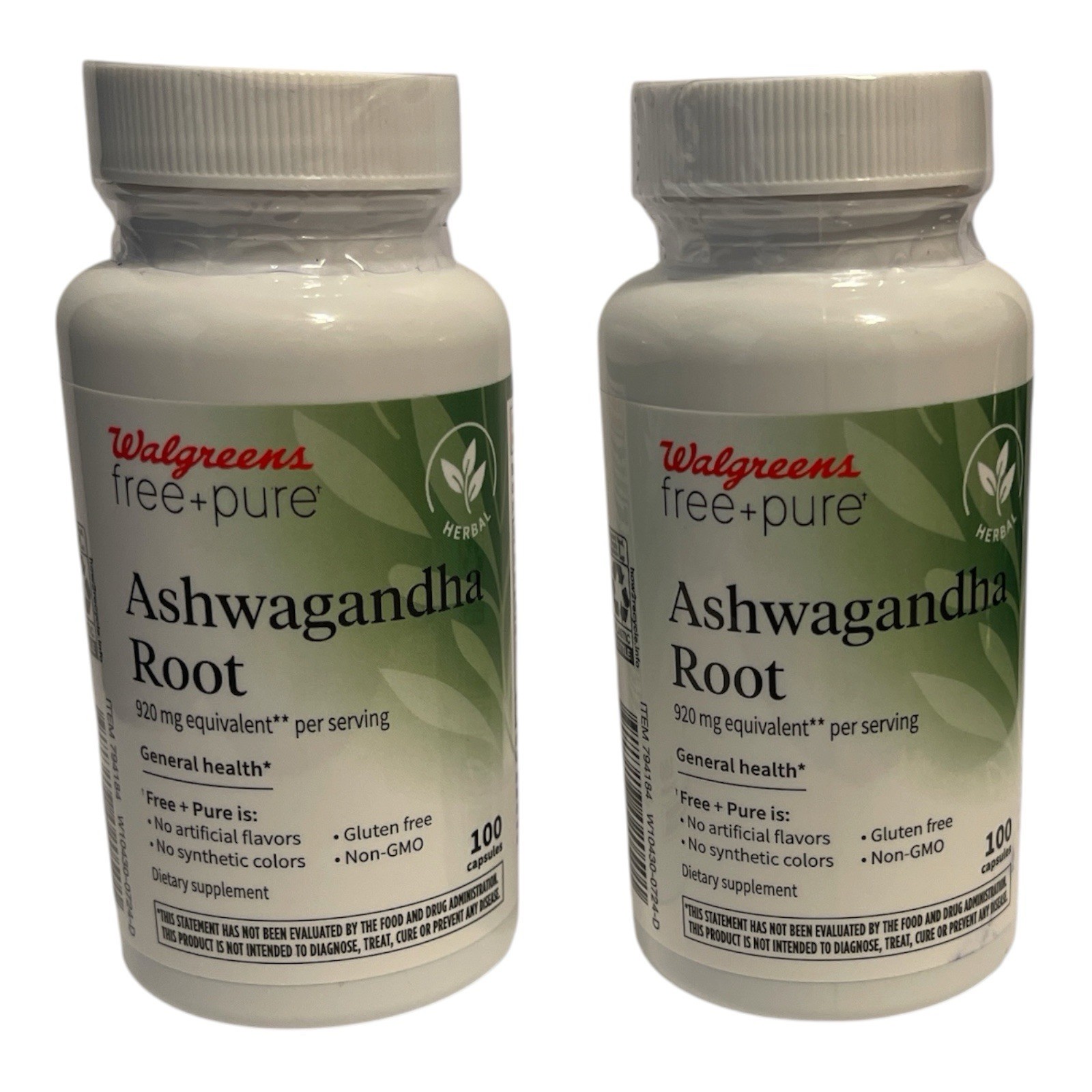 2 Walgreens Free + Pure Ashwagandha Root 100 Ct Exp 05/2028