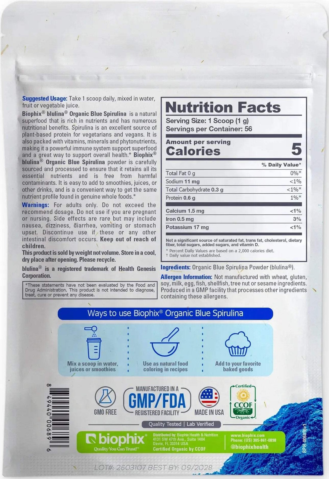 biophix Blulina Organic Blue Spirulina Powder 2 oz 7g – Detoxification Antioxida