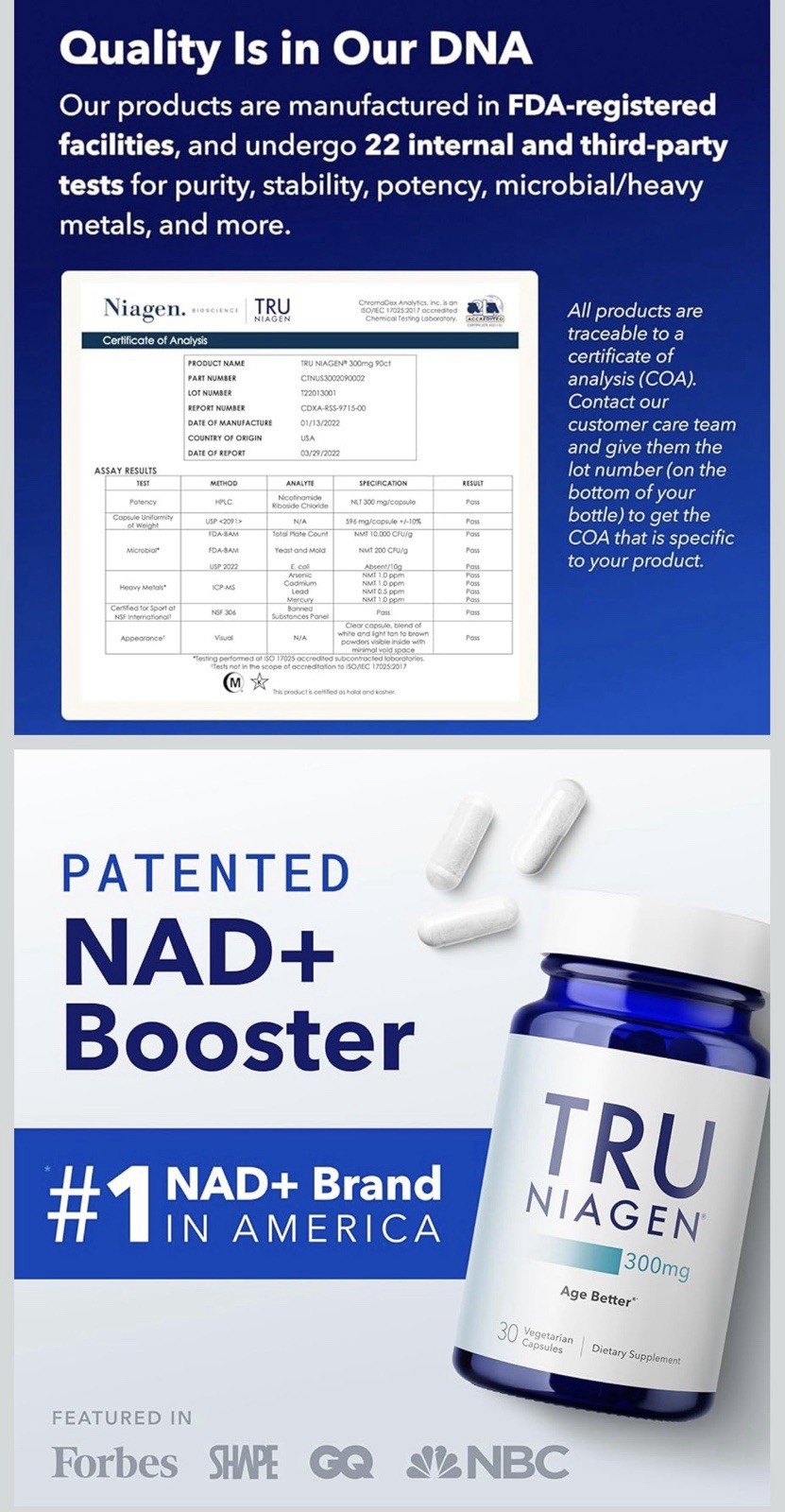 TRU NIAGEN NAD+ Booster 300mg 30 Vegetarian Capsules Gluten Free