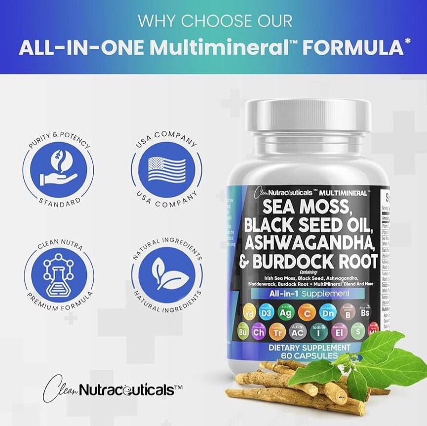 Sea Moss Black Seed Oil Ashwagandha Burdock Root Tumeric Bladderwrack
