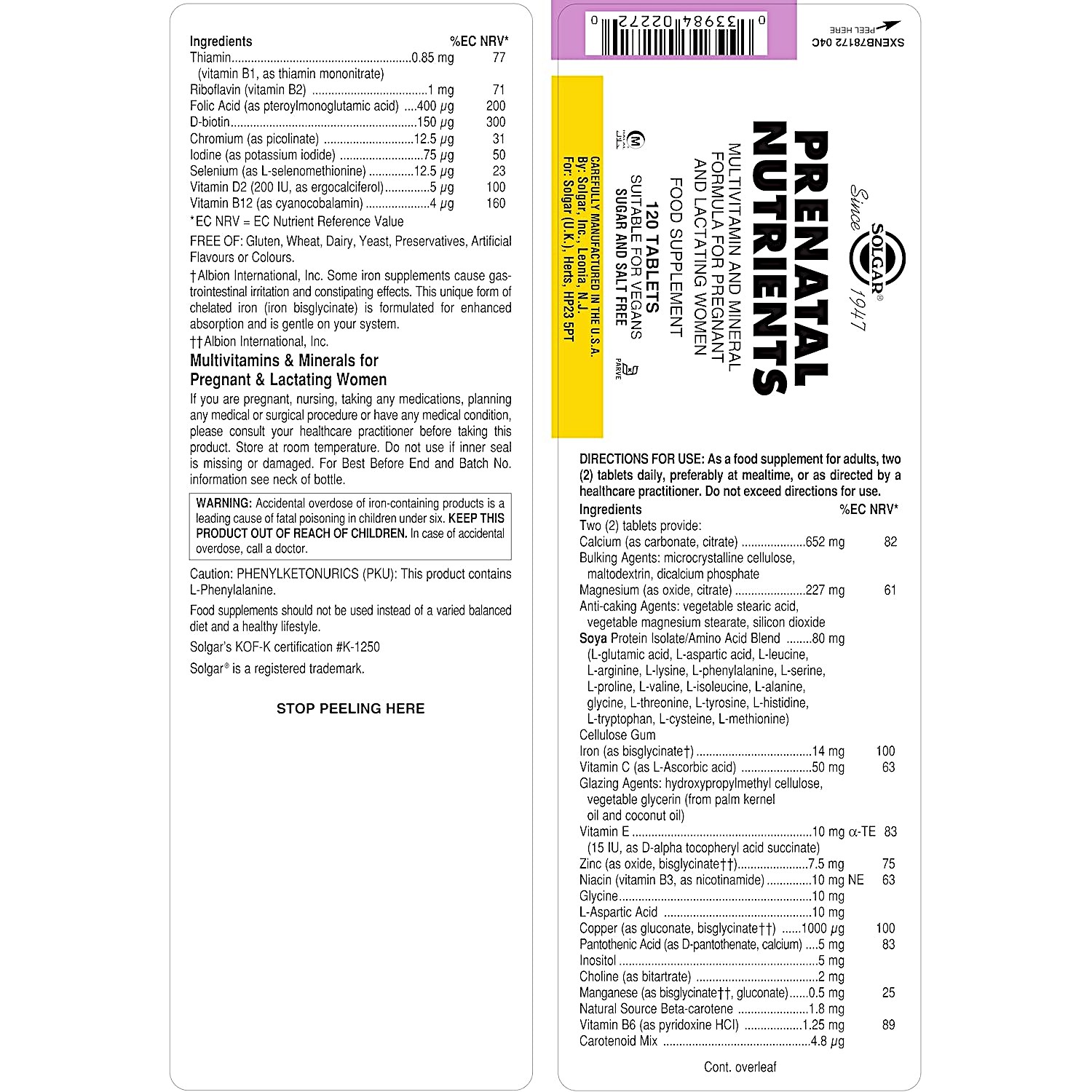 Solgar Prenatal Nutrients,Multivitamin&Mineral Formula 4 Women,120VegTabs