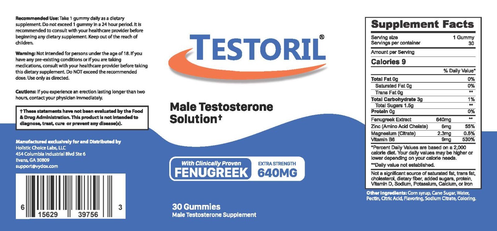 Testoril | Men’s Daily Fenugreek Solution Gummies, 640mg L-Arginine, 30 Count