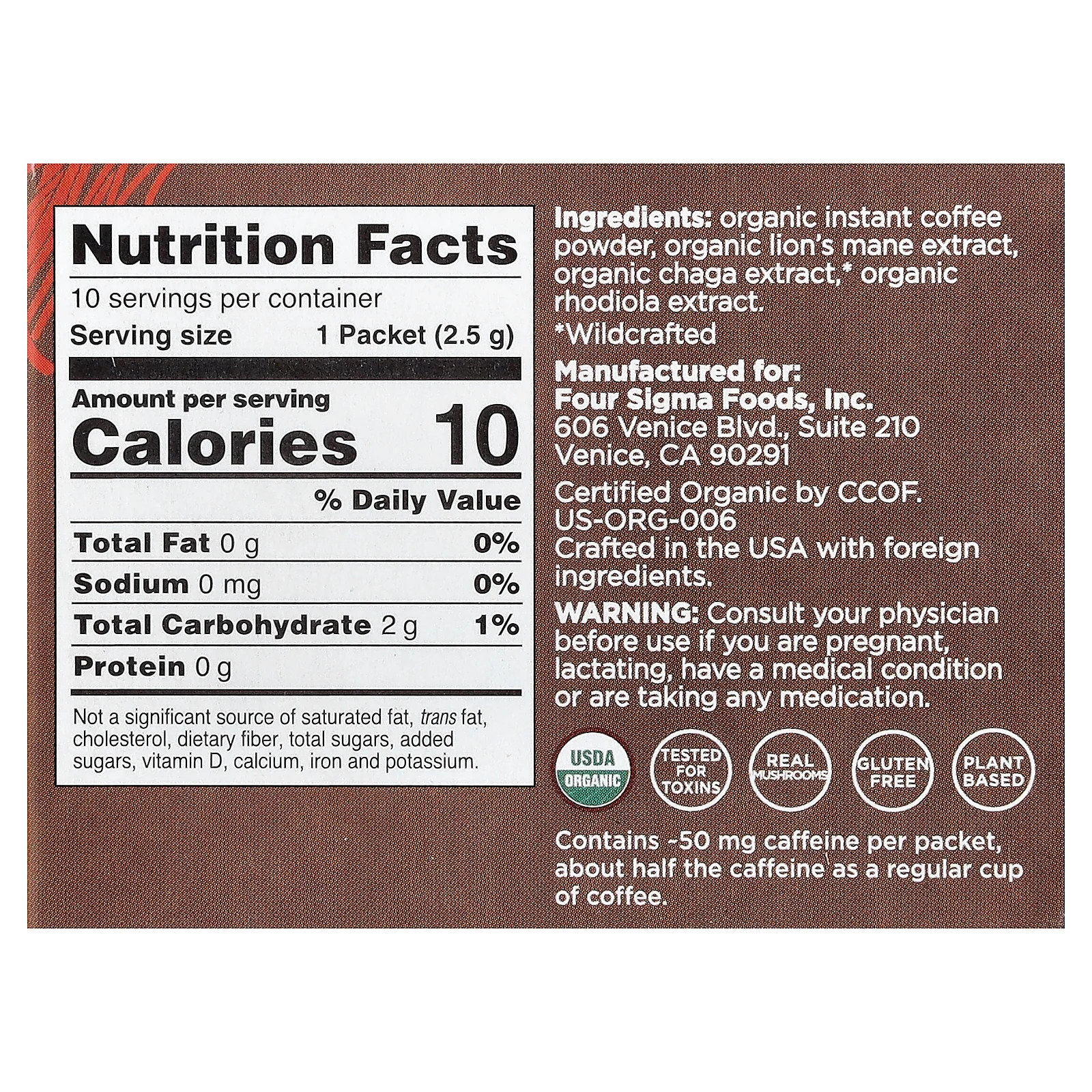 Four Sigmatic Mushroom Coffee Mix 10 Packets 0 09 oz 2 5 g Each Paleo, Vegan