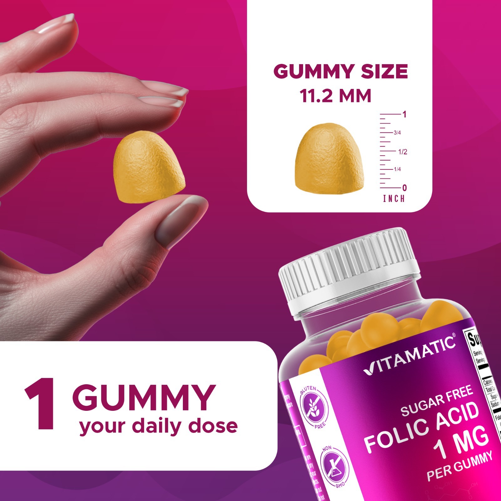 3- Pack Vitamatic Folic Acid Gummies 1000 mcg Vitamin B9 – 120 Vegan Gummies
