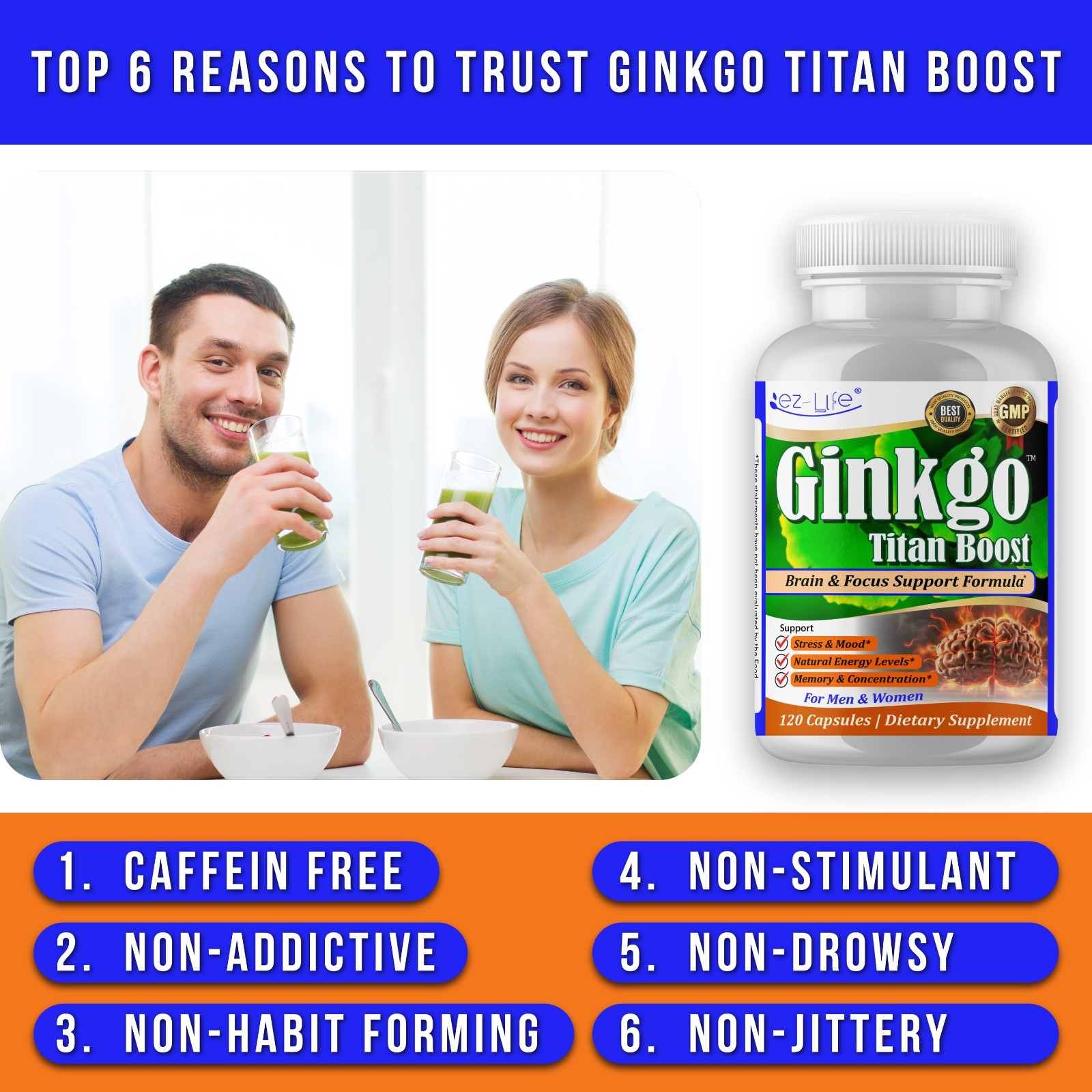 Ginkgo Biloba Ginseng- Brain Focus, Memory Herbal Energy Supplement- 60 Caps