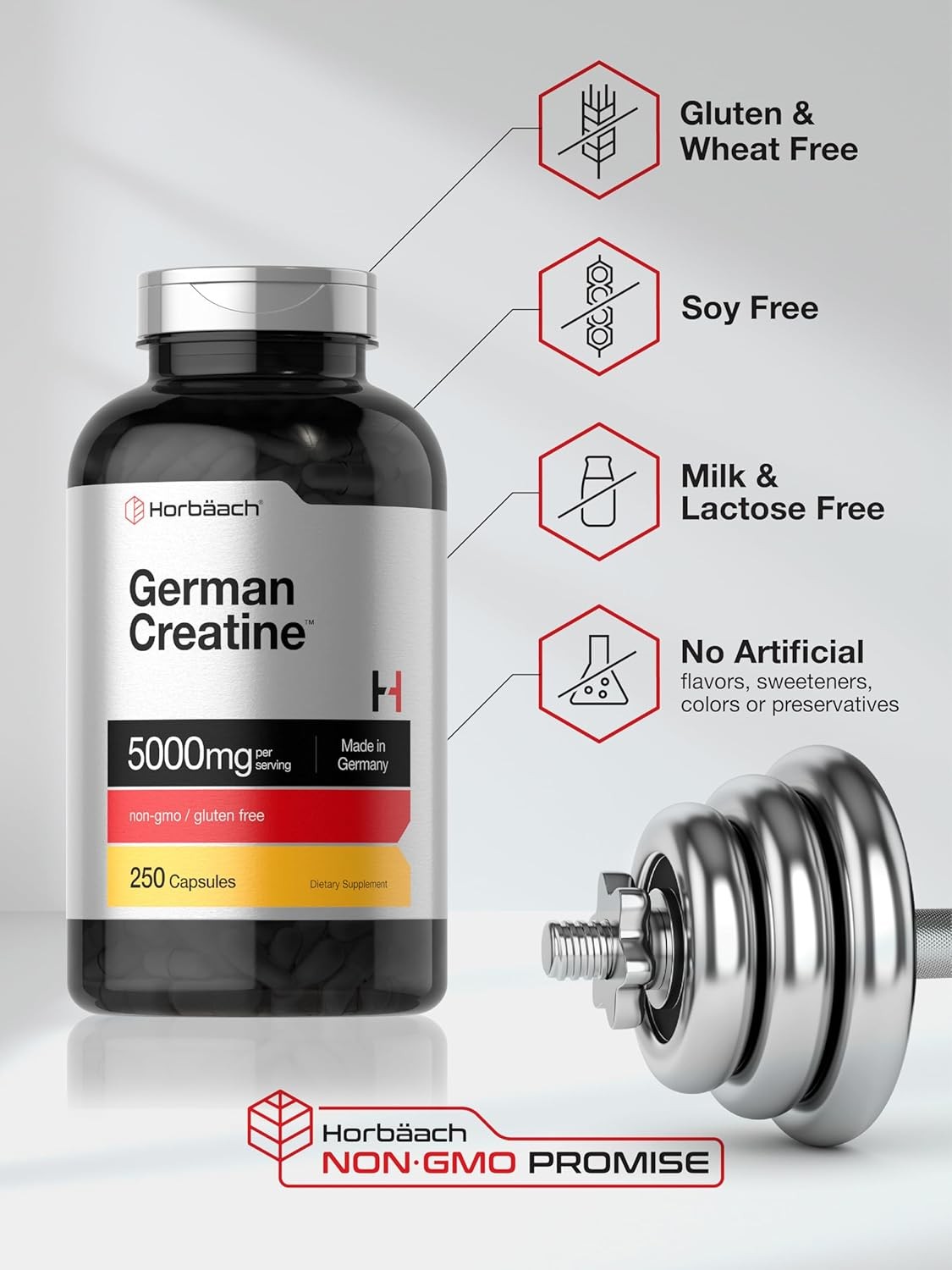 German Creatine Monohydrate 5000mg | 50 Servings | 250 Capsules | by Horbaach