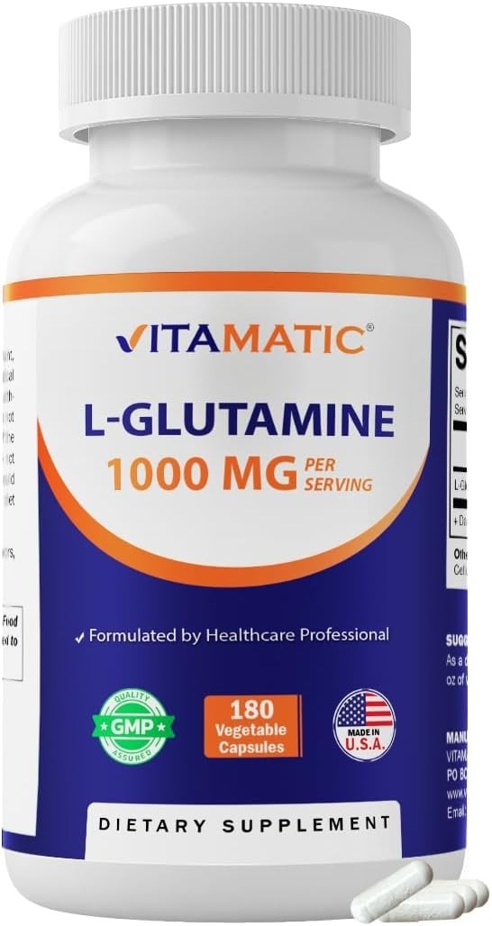 Vitamatic L-Glutamine 1000mg 180 Veg Capsules Non GMO Gluten Free USA GMP