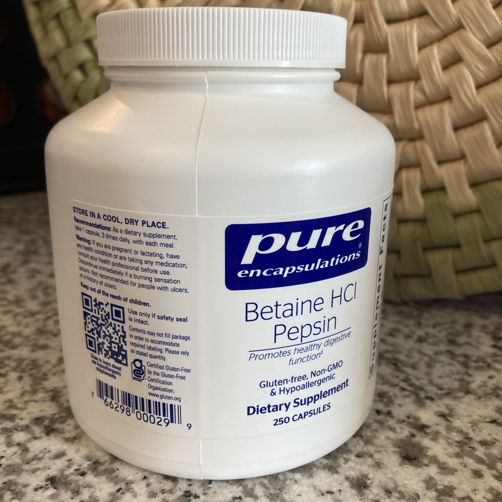 Pure Encapsulations 520mg Betaine HCl Pepsin Supplement 250 Caps New EXP 01/2027