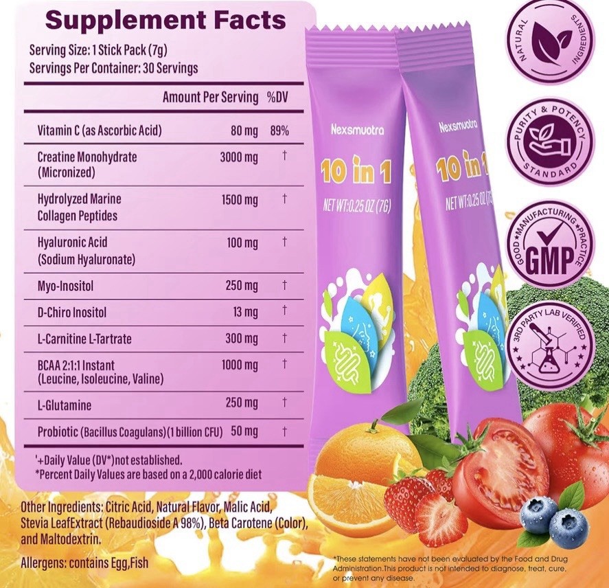 Nexsmuotra 10 in 1 Creatine Powder Stick Packs Tropical Orange 30 Count 7g