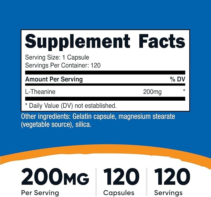 L-Theanine 200mg Reduce Stress Anxiety Boost Cognative Performance 120 Capsules