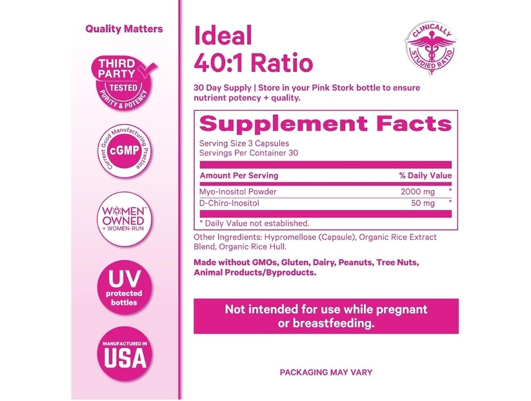 Pink Stork 40:1 Myo-Inositol + D-Chiro-Inositol 2000mg 90 Caps Gluten-Free