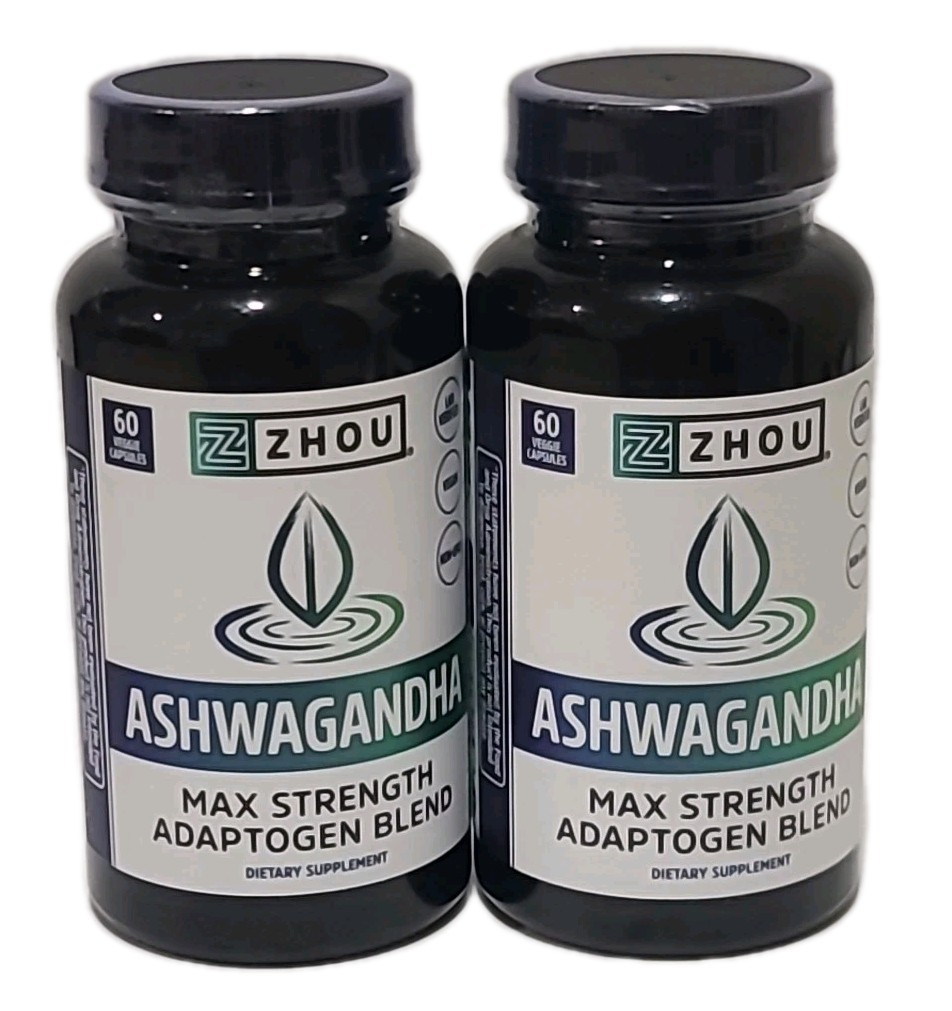 2 × ZHOU Nutrition ASHWAGANDHA • Max Strength Adaptogen Blend 60 CAPSULES• 01/27