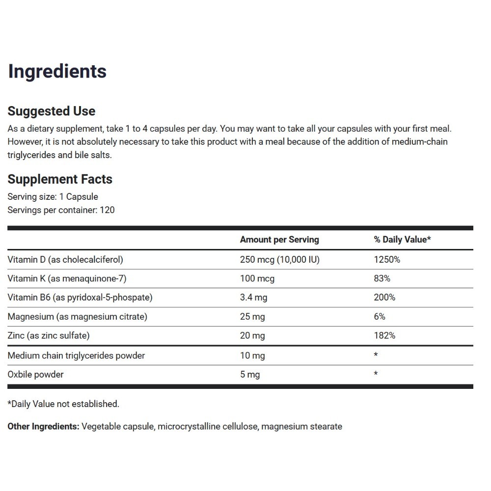 Dr. Berg – D3 & K2 Vitamin – 10,000IU Vitamin D 100mcg Vitamin K2 – 120 Capsules