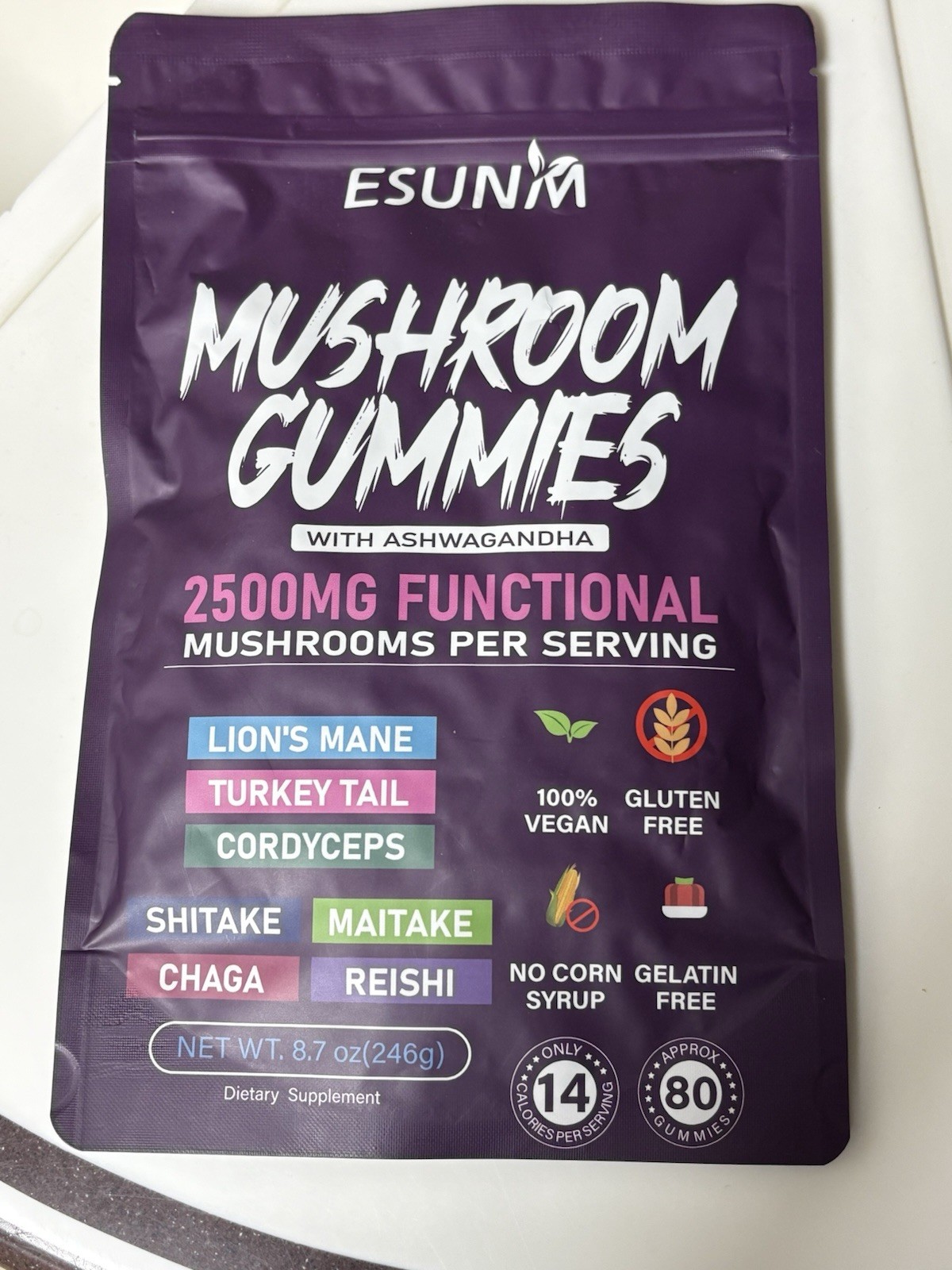 Esunm Mushroom Supplement Gummies Exp 12/26 Ashwagandha Approx 80 Count 2500MG