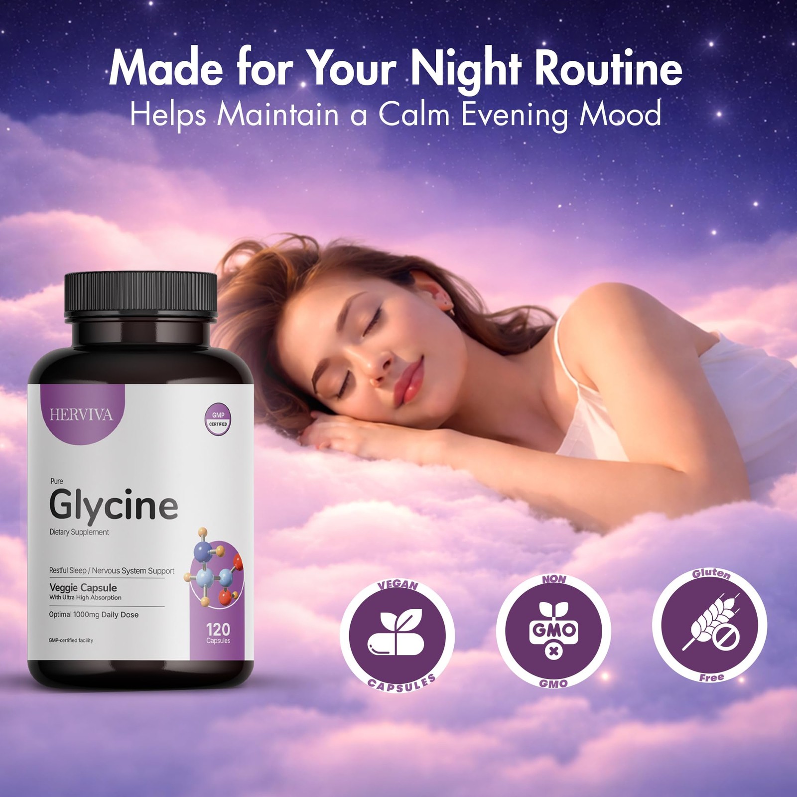HERVIVA Glycine Supplement 1000 mg per Serving (2 120 Count (Pack of 1)