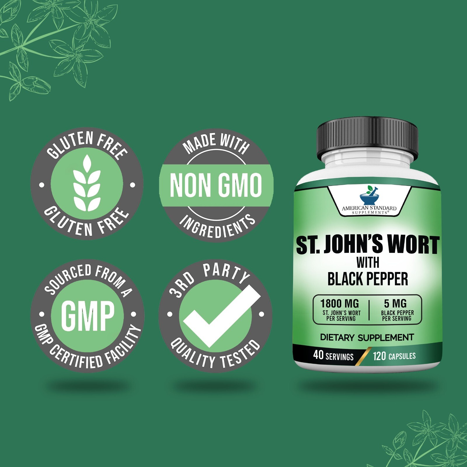 St. John’s Wort 1800mg Per Serving with Black Pepper Fruit Extract – 120 Capsule