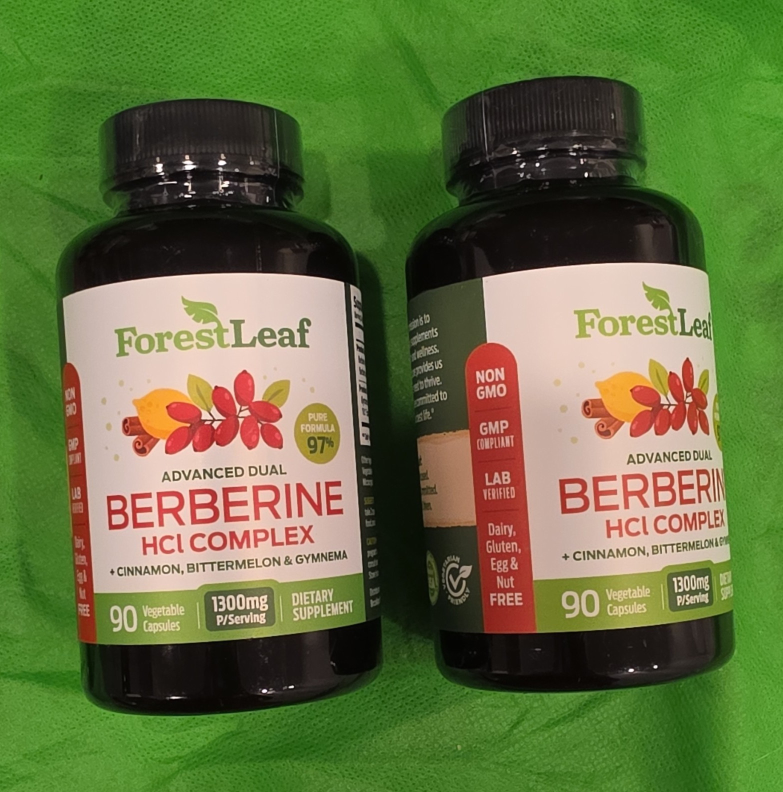 ForestLeaf Dual Berberine HCl 1300mg Gymnema Bitter Melon 90 Ct 2 Bottles