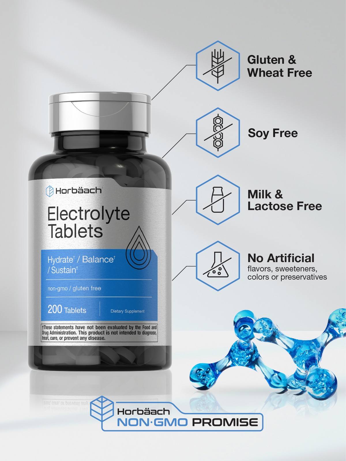 Electrolyte Tablets | 200 Count | Vegetarian, Non-GMO | by Horbaach