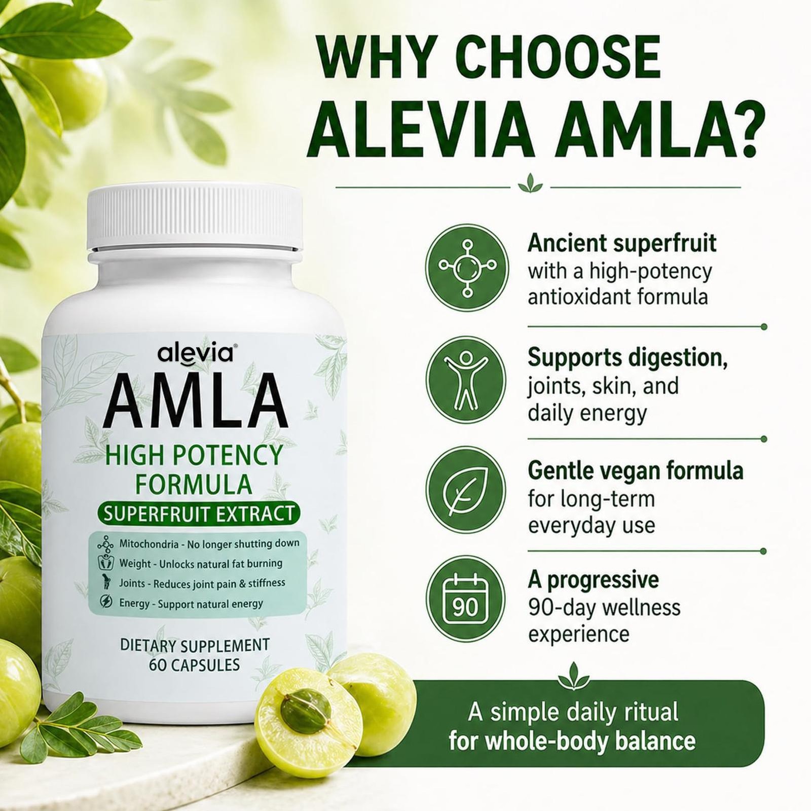 Alevia Organic Amla Capsules 1000mg Indian Gooseberry Antioxidant Supplement 60c