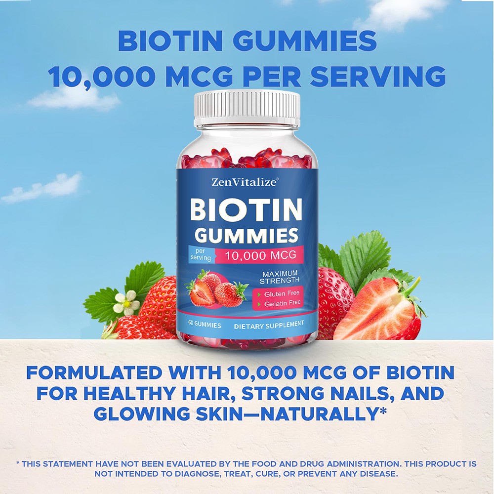 Maximum Strength Biotin 10000mcg For Hair Skin Nail Growth Supplement 60 Gummies