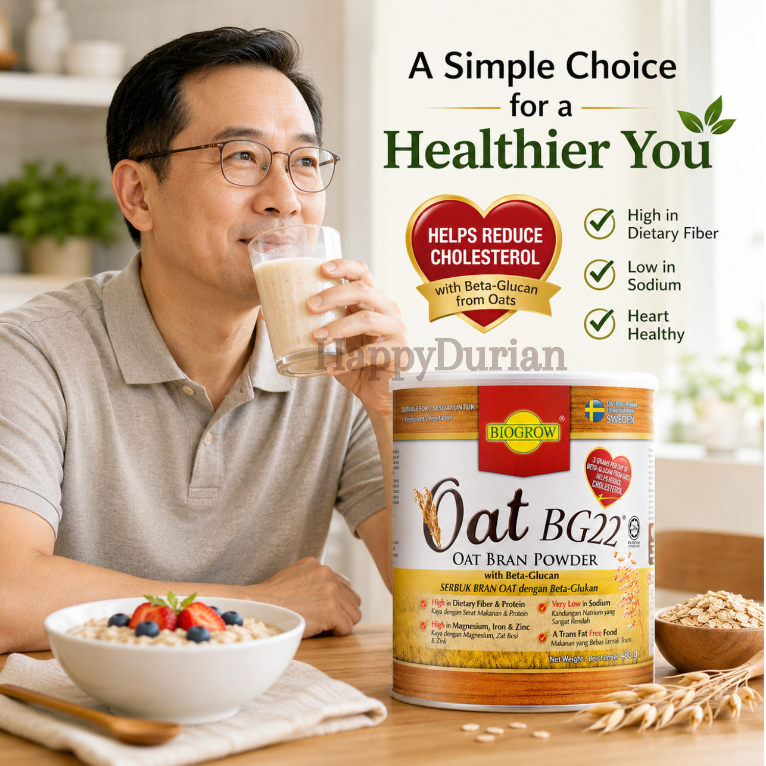Biogrow Oat BG22 Oat Bran Powder Beta Glucan High Fiber 480g x 3