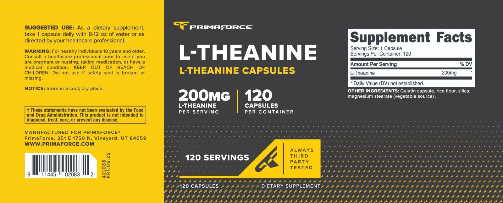 Primaforce L-Theanine Capsules (120 Capsules) (200mg L-Theanine Per Serving)