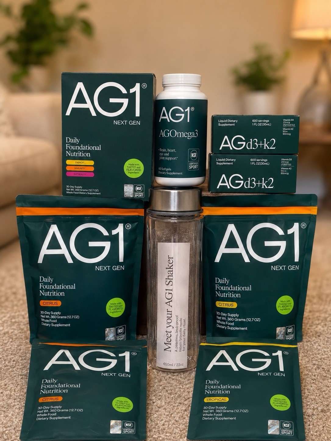 AG1 Next Gen Citrus Bundle Omega-3 D3+K2 Liquid Drops & Shaker Set