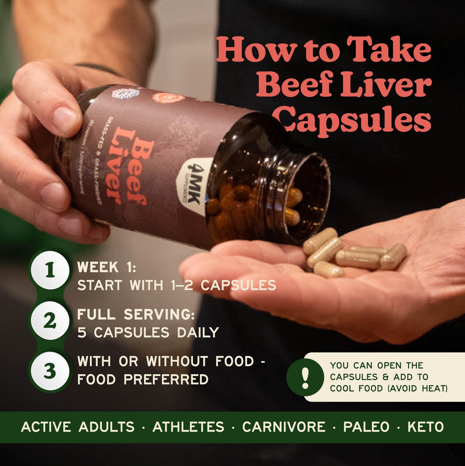 MK Supplements Grass Fed Beef Liver Supplement, Supports 30 Servings, Brown