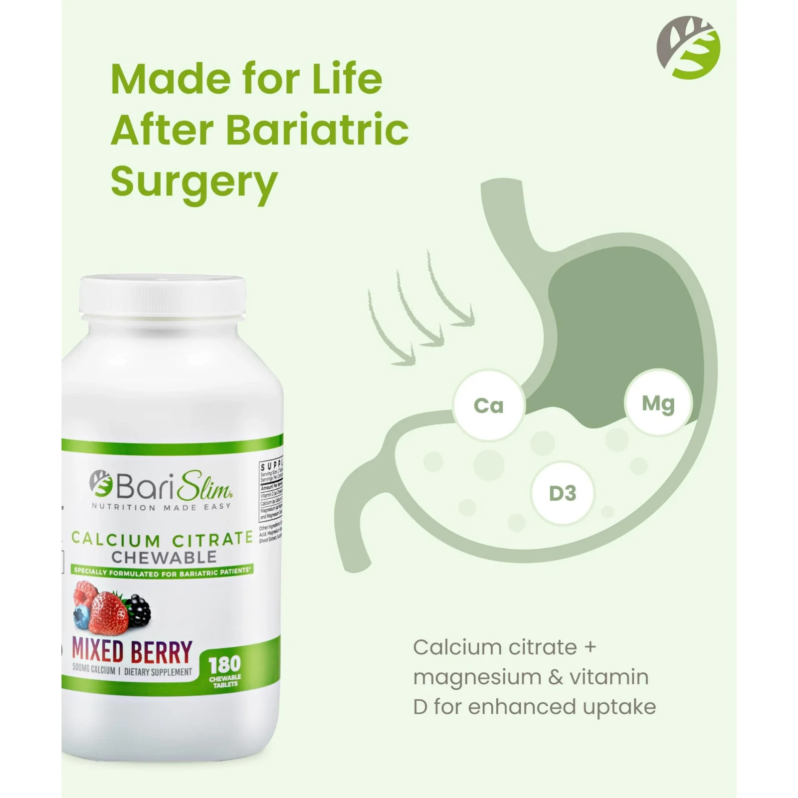 BariSlim Calcium Citrate Chewable Tablet Dietary Supplement, Mixed Berry – 180ct