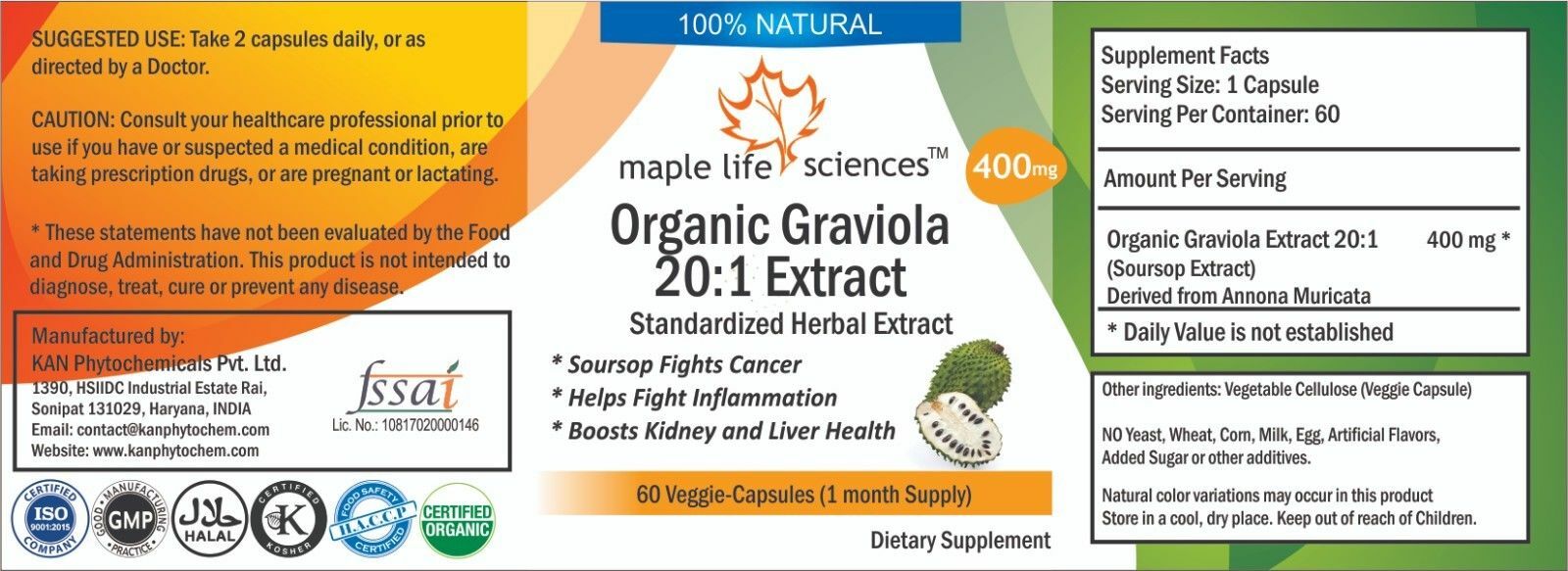 Organic Graviola 20:1 Extract Capsules (Soursop Extract) – 400mg – AU Stock