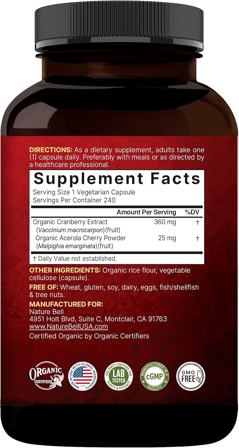NatureBell Cranberry Pills with Acerola, 240 Veggie Capsules | Fresh Cranberries