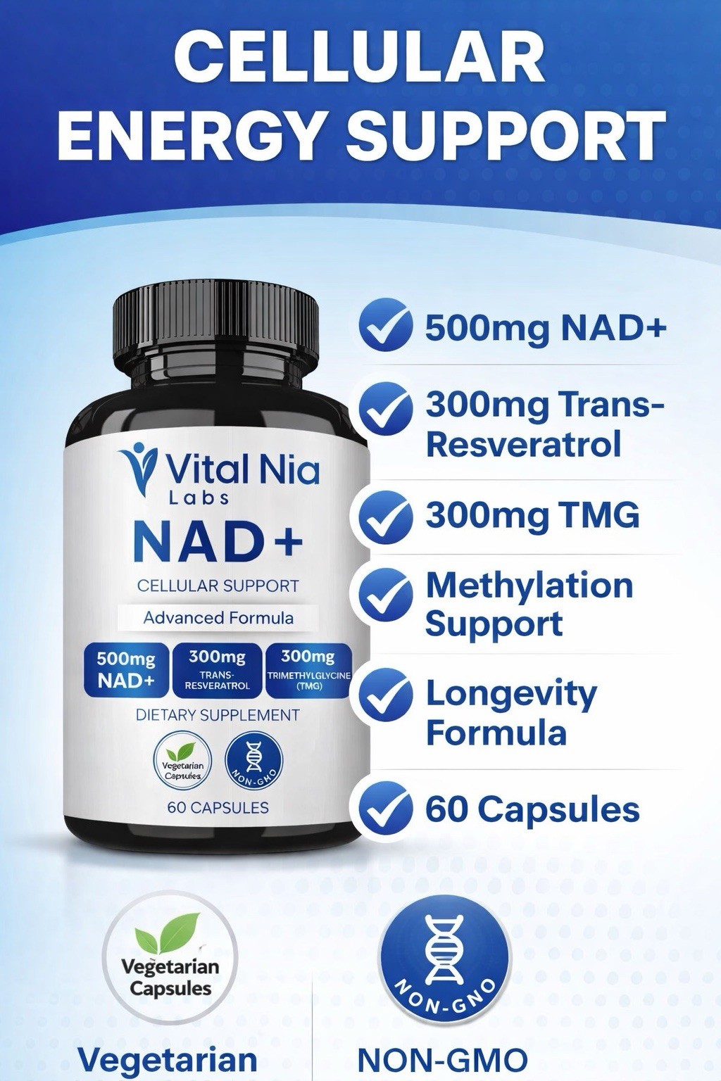 NAD+ Liposomal 500mg + Resveratrol 300mg + TMG 300mg Cellular Support 60 Caps