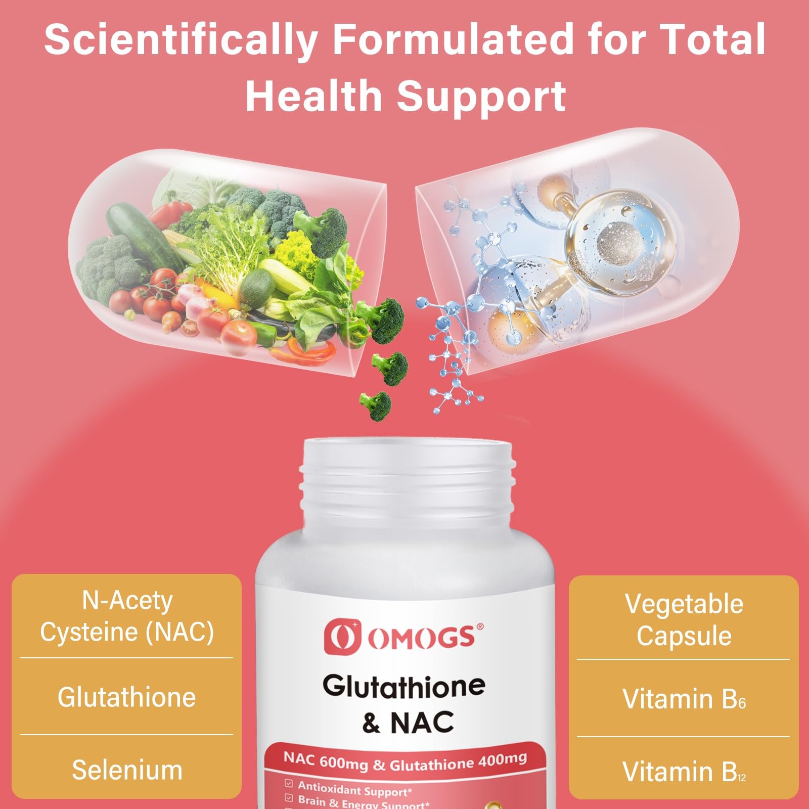 OMOGS Glutathione & NAC Supplement, with vtamin B & Selenium, Supports Liver…
