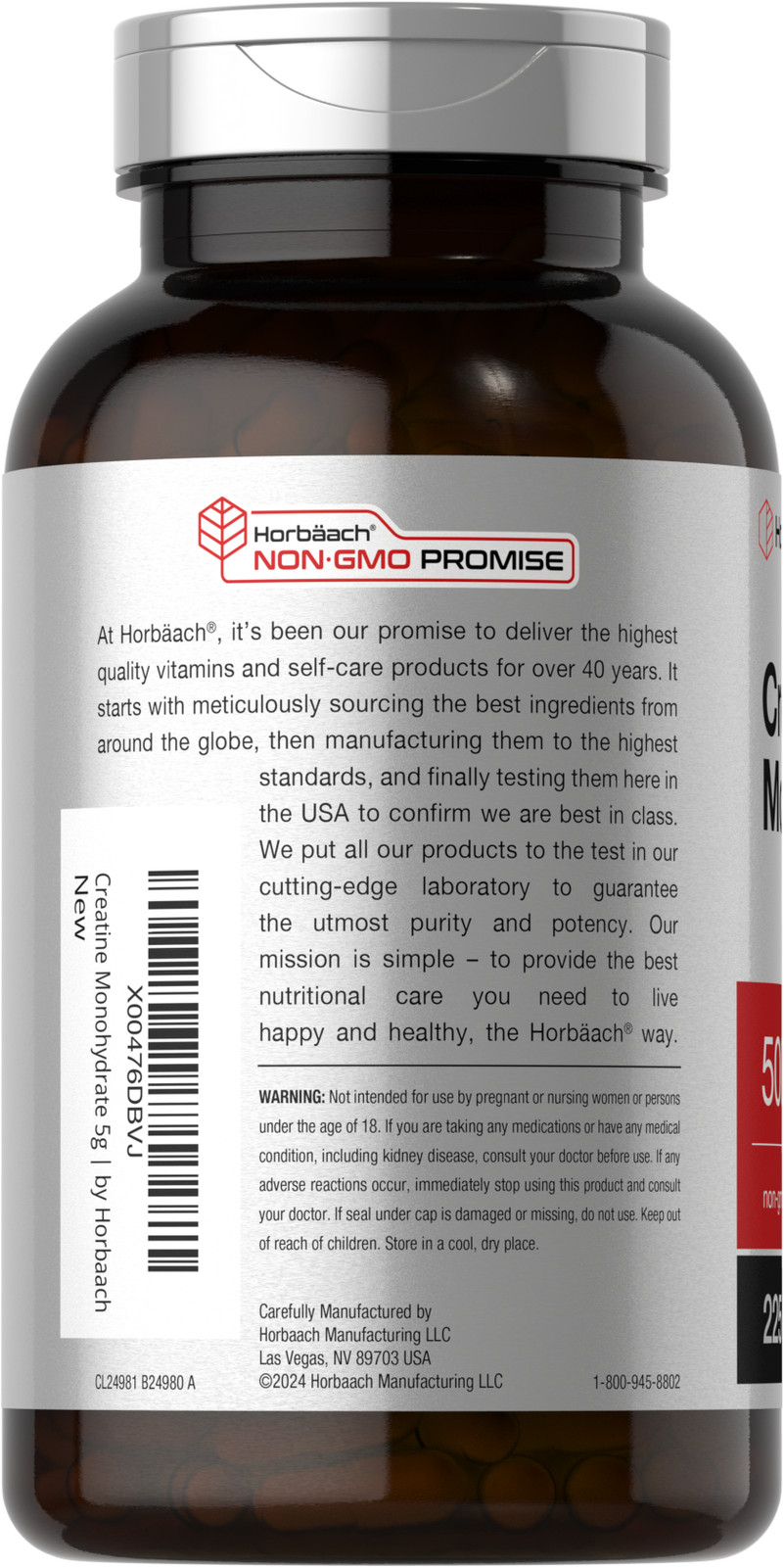 Creatine Monohydrate | 5g | 225 Capsules | Non-GMO, Gluten Free | by Horbaach