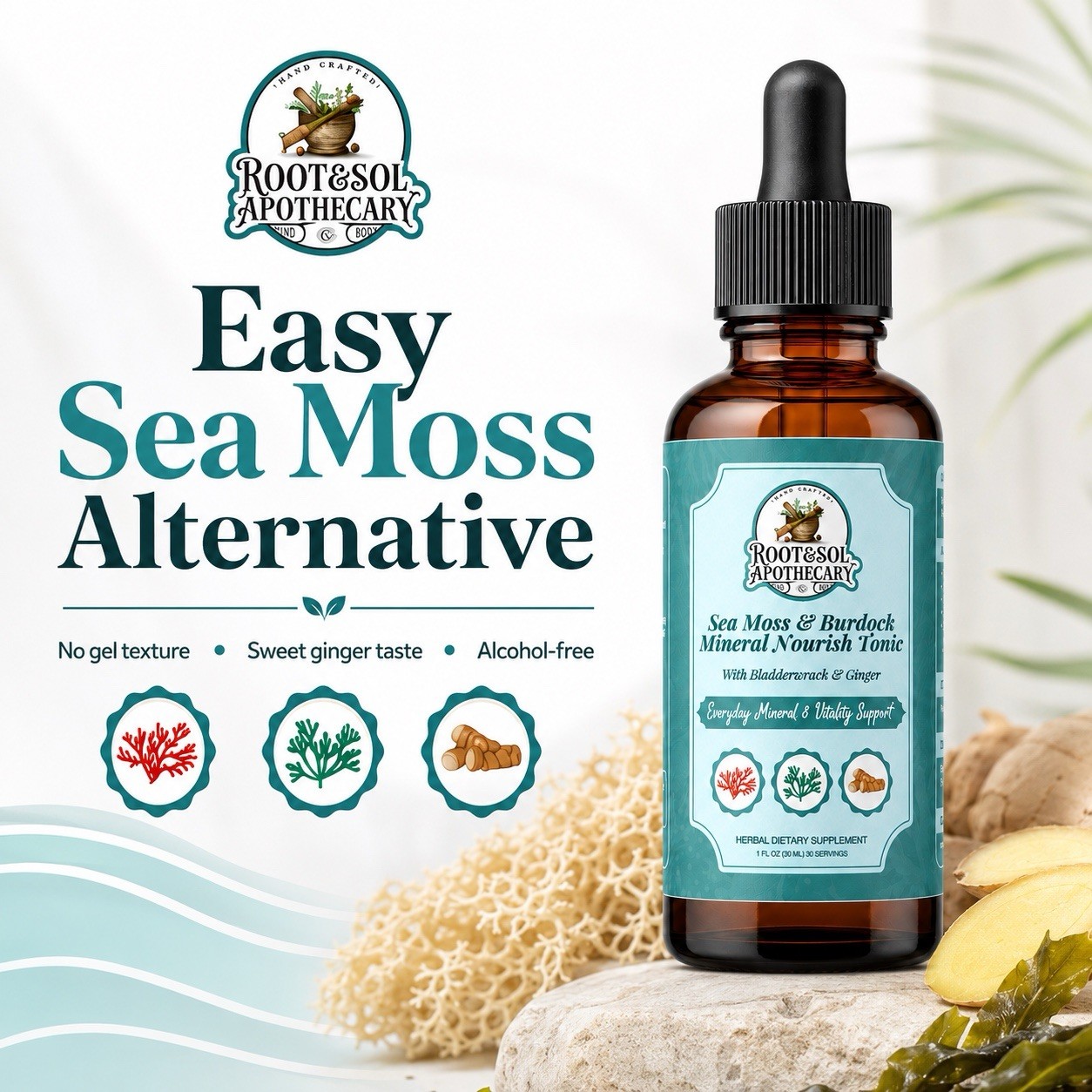 Root&Sol Apothecary Sea Moss Burdock Bladderwrack Ginger Tonic 1 fl oz