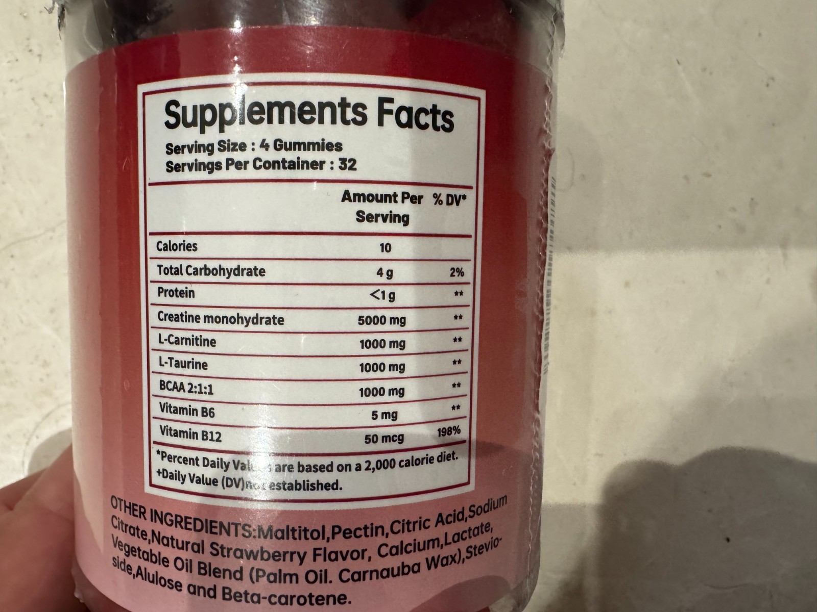 Duwzgu Creatine Monohydrate Gummies Raspberry 128ct Bottle | 5000mg, BCAA B12