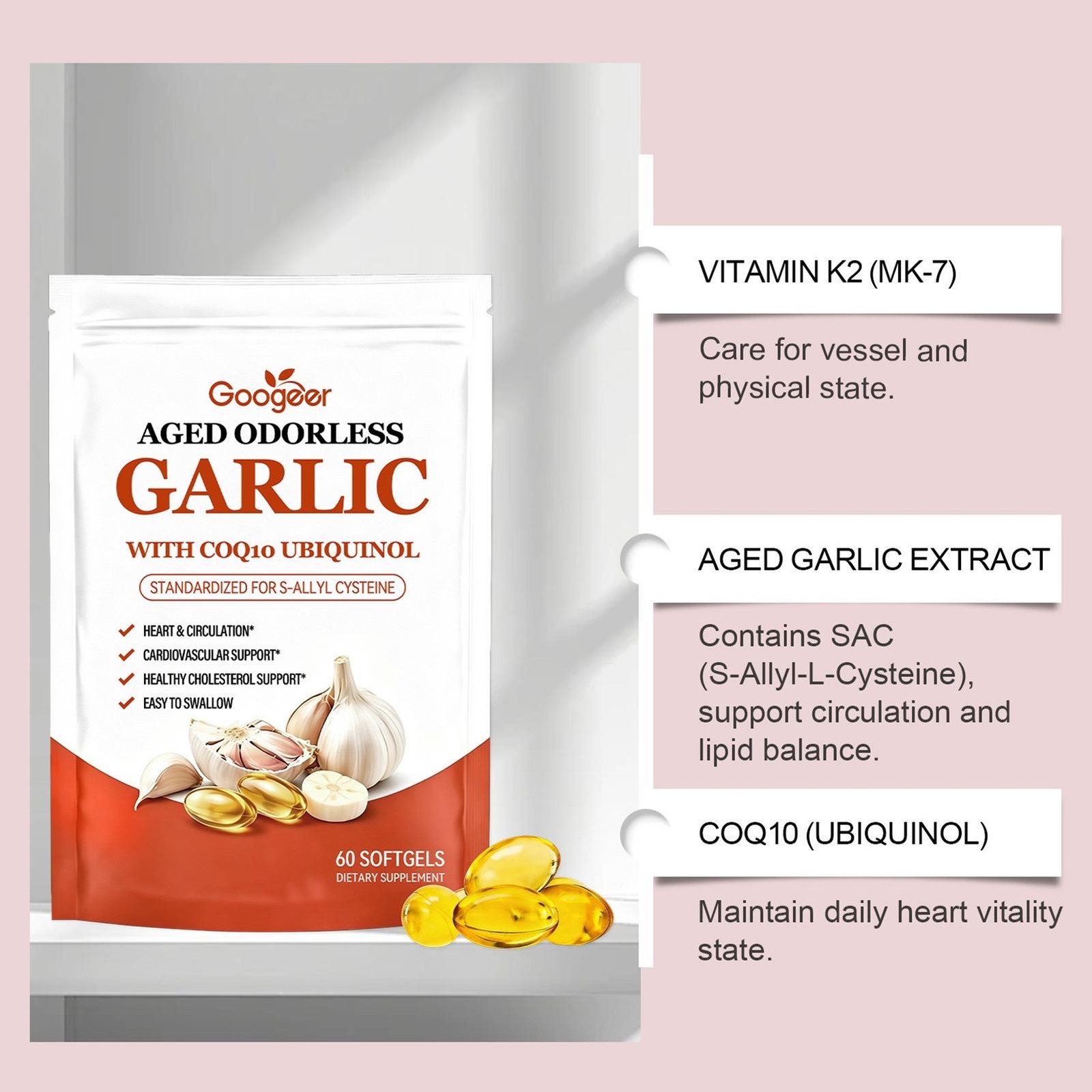 Aged Odorless Garlic Extract 600mg Softgels (60 Count) With CoQ10