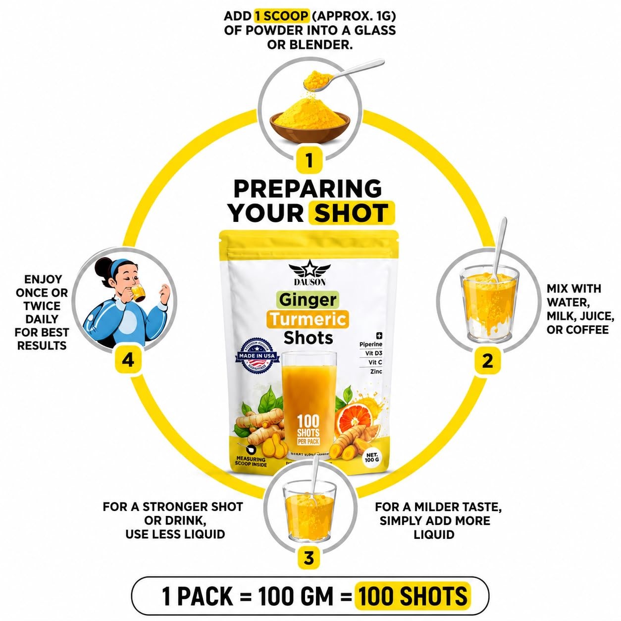 DAUSON Ginger Shots | Daily Wellness 100 Servings (Pack of 1), Yellow
