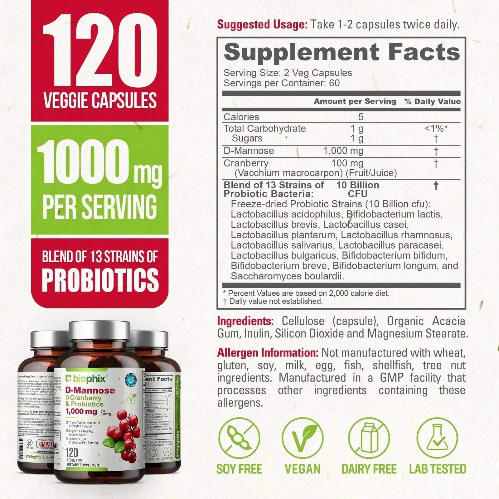 Biophix D-Mannose Plus Cranberry and Probiotics 1000 mg 120 Vcaps 2 Pack