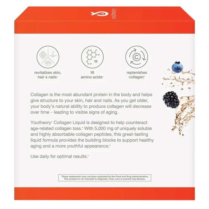 Youtheory 30 Pack Berry Collagen Liquid – 5000mg Peptides for Skin, Hair & Nails