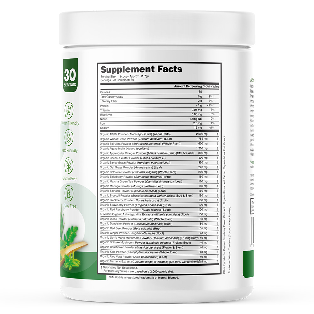 USDA Organic Super Greens Superfood Powder Spirulina Ashwagandha 30sv big canist