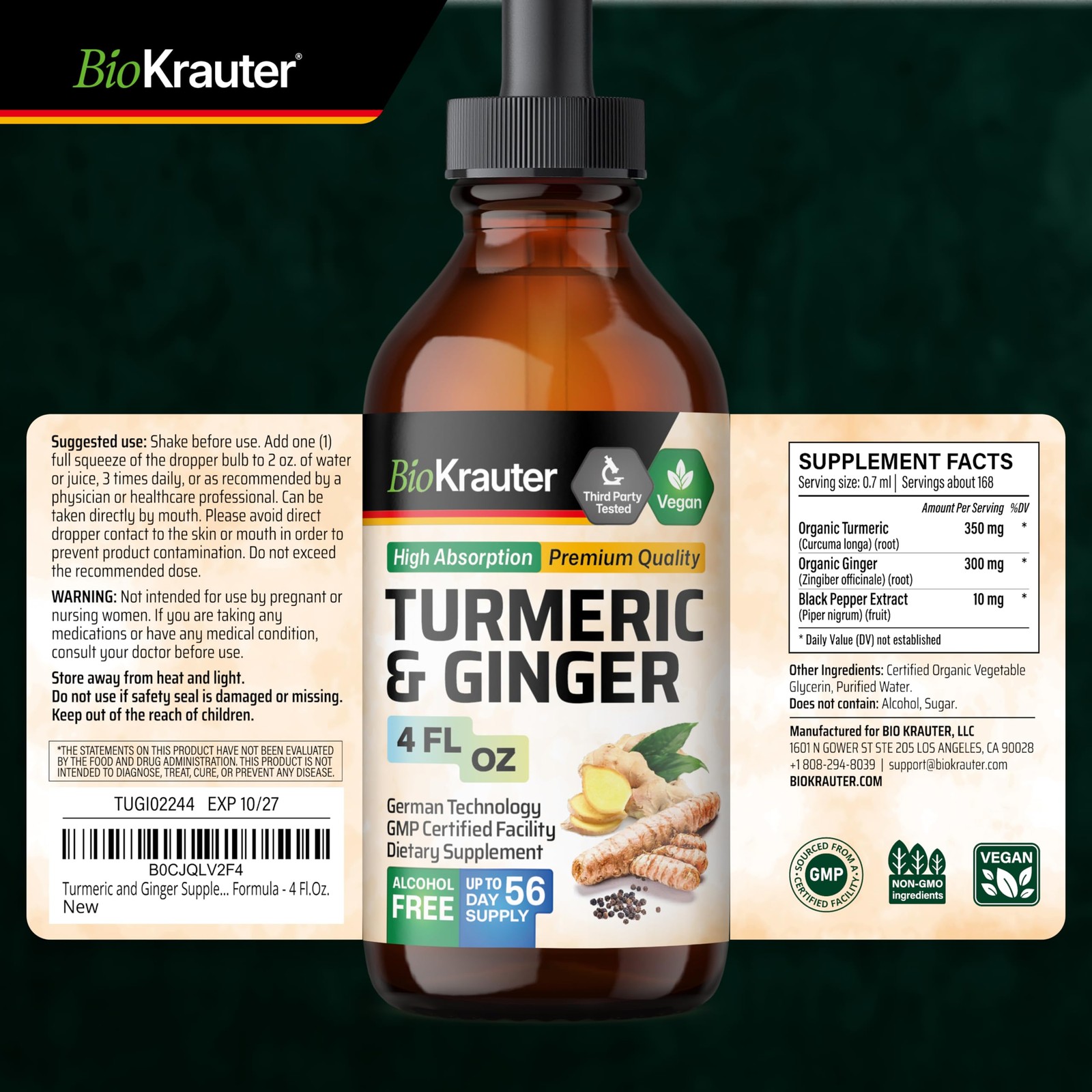 BIO KRAUTER® Turmeric and Ginger Supplement – Pure Vegan 4 Fl Oz (Pack of 1)