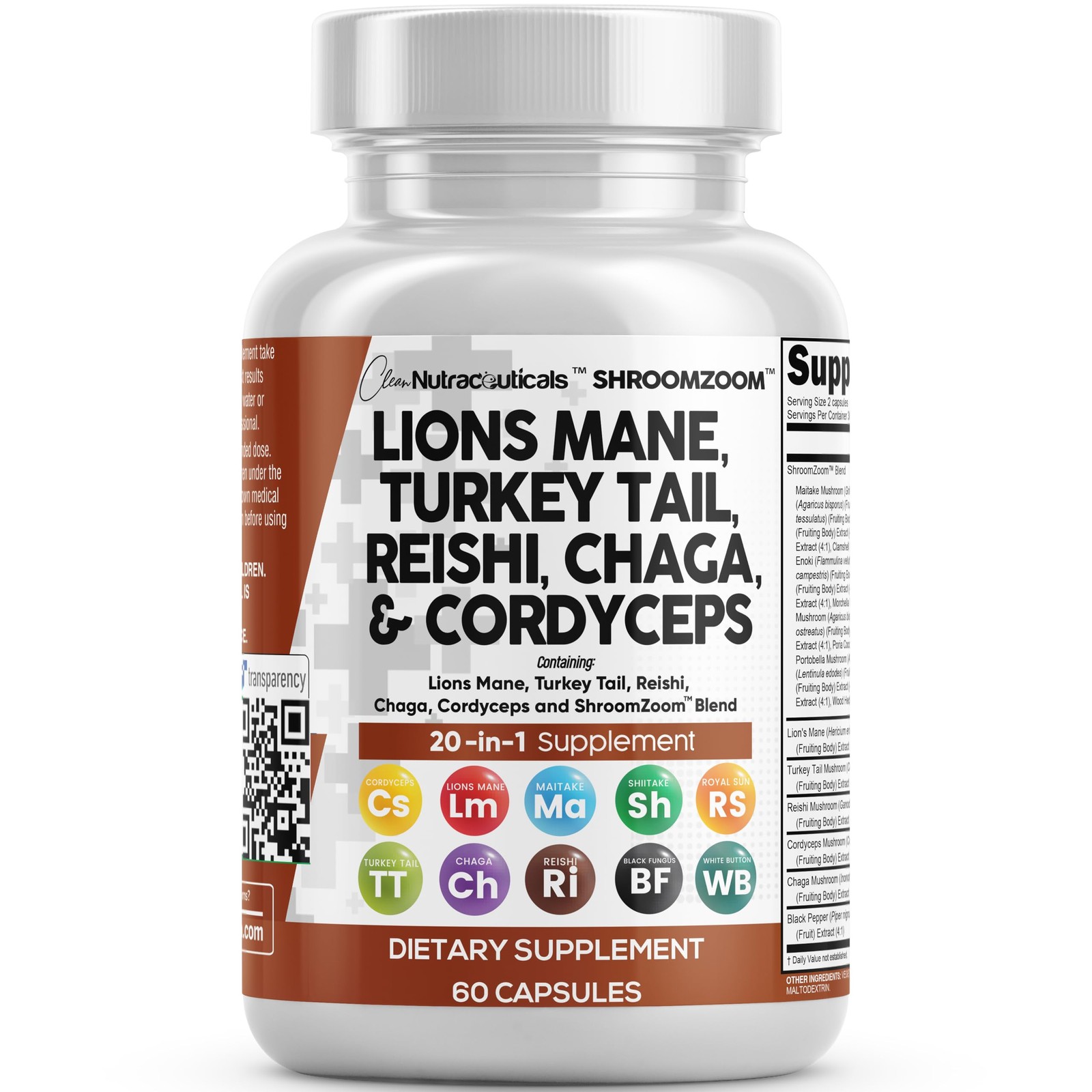 Clean Nutraceuticals Lions Mane 20in1 Mushroom 60 Count (Pack of 1), Natural