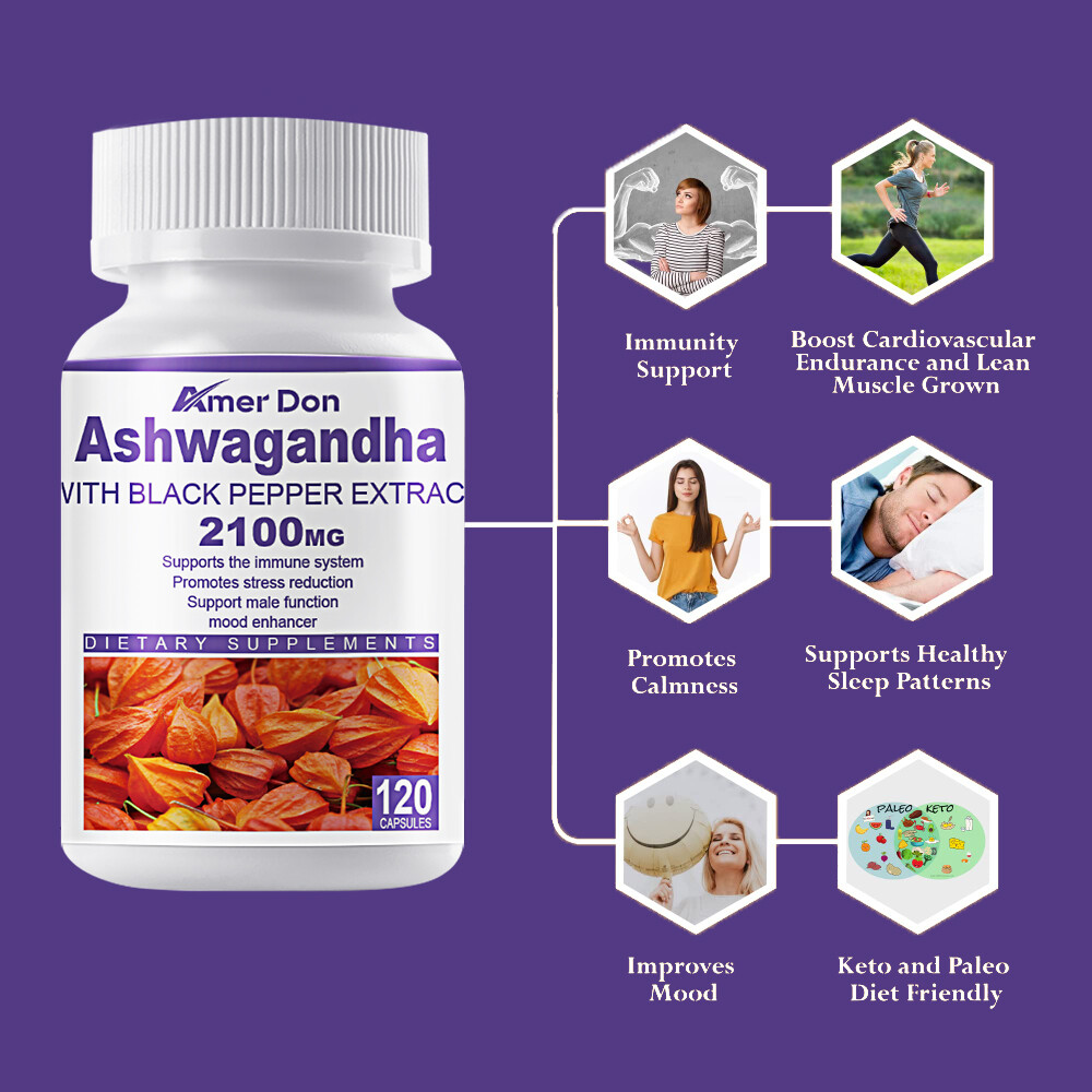 Organic Ashwagandha Capsules 2100mg Supplement&Black Pepper Root Powder 120Pcs