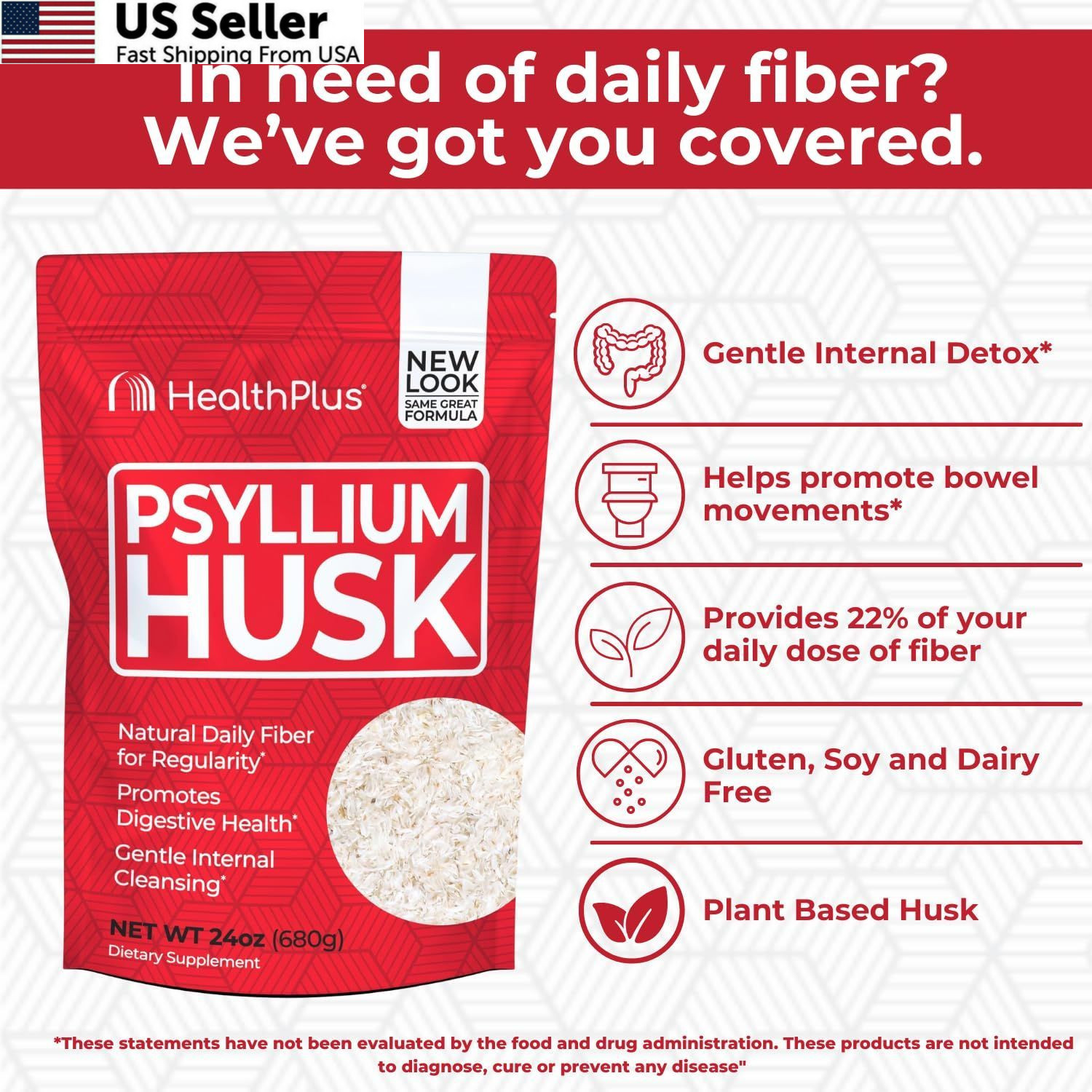 Health Plus, Psyllium Husk, 24 oz, 96 1.5 Pound (Pack of 1), 083502401223