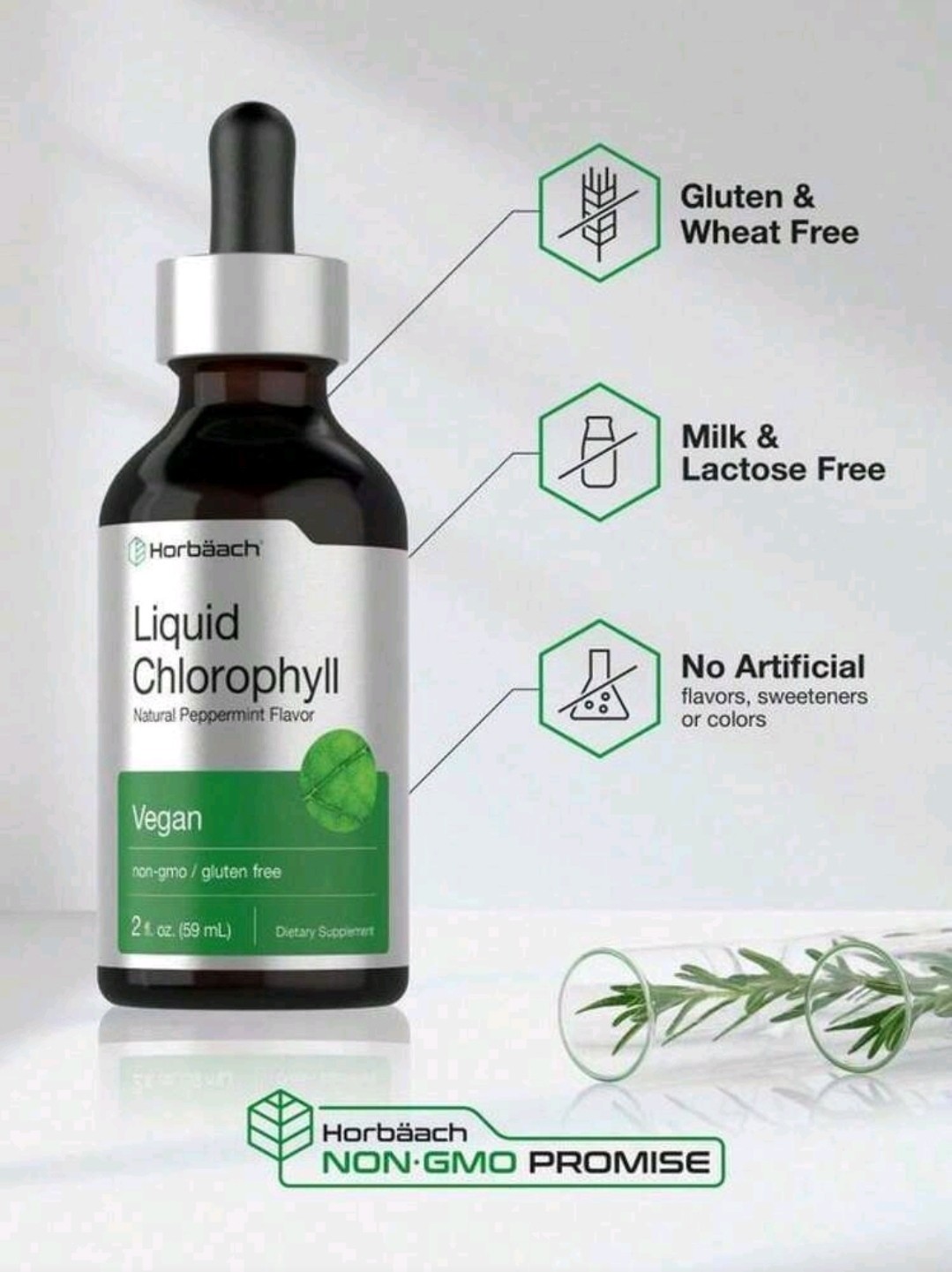 Horbäach Liquid Chlorophyll Drops 2 Oz Vegan, Non-GMO, And Gluten Free Formula