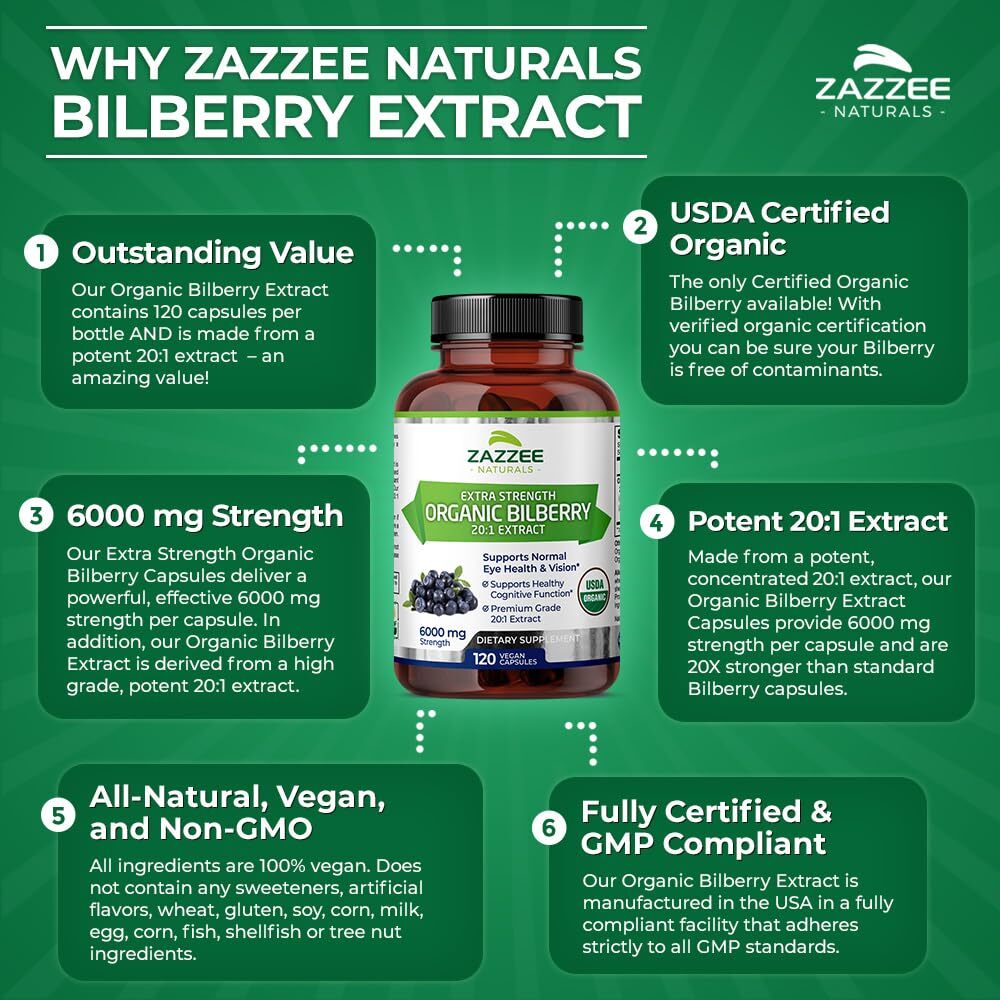 Zazzee USDA Organic Bilberry 201 Extract 6000 mg Strength 120 Vegan Capsules …