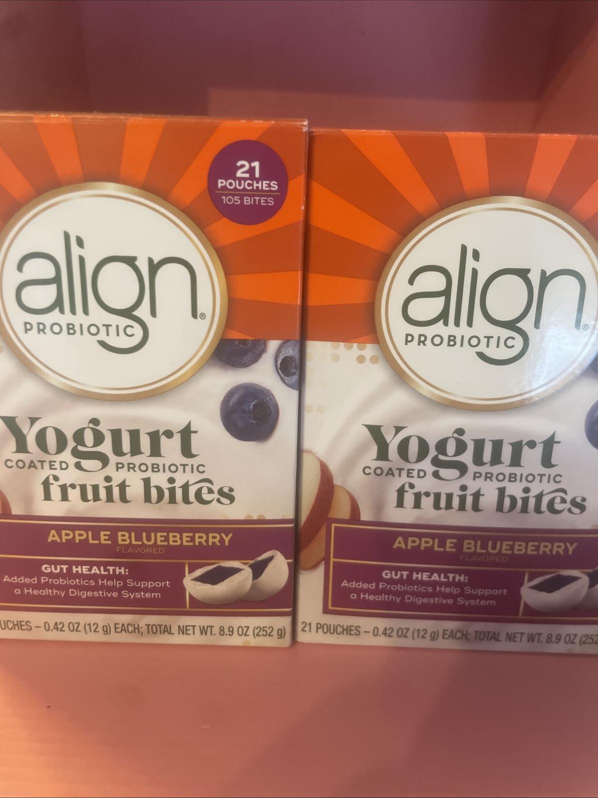 2 Align PROBIOTIC Yogurt Coated Fruit Bites APPLE BLUEBERRY 21 Pouches 03/2026