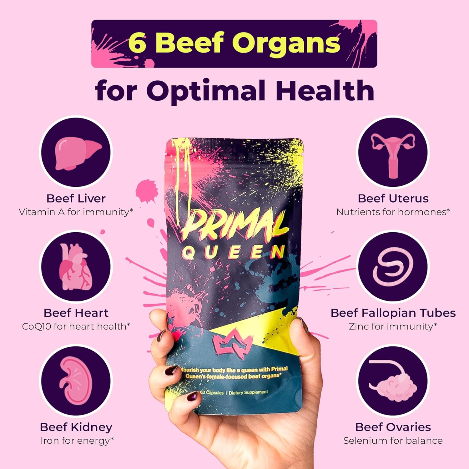 Primal Queen Beef Organ 3-Pk – 6 Organs Hormone & Energy – 90D